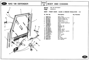 Page 577
NAS V81 DEFENDER BODY AND CHASSIS 
Model NAS V81 DEFENDER 
BODY - FRONT DOOR - GLASS & WINDOW REGULATOR - 110 
Ill. Paa No. Description Qty Remarks 
1 MWC4721 Glass tinted 
2 MWC4763 Glaring  rubber lift chnnl 
3 MTC8477 Channel  window lift 
4 MXC5829 Channel  vertical  front 
5 MXC5832 Channel top 
6 MXC5836 Channel vertical rear 
7 MUC4073 
8 AC606031 L 
AC60604 1 L 
9 MUC3024 Regulator RH 
Regulator LH 
10 SH106101L 
11 WL106001L Washer  spring 
12 WA106041L Washer  plain 
13 RTC3939PA Handle window...