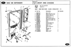 Page 579
NAS V81 DEFENDER BODY AND CHASSIS 
Model NAS V81 DEFENDER 
AGMXHC 1 A 
BODY - REAR SIDE DOOR - euss REGULATOR - 110 
Ill. Part No. Descrf ption Qty Remarks 
1 MWC4723 Glass tinted 
2 MWC4725 Glass rear  quarter  tinted 
3 MWC4764 Glazing  rubber  lift chnnl 
4 MTC8478 Cnannel  window lift 
5 MXC5837 Channel  vertical front 
6 MXC5833 Channel top 
7 MXC5834 Channel vertical rear 
8 MU64073 Shim channel  adjustment 
9 MXC5835 Channel  rear quarter  top 
10 MXC5830 Channel  rear  quarter lowr 
11 ACB06031L...