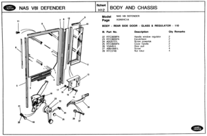 Page 580
Model NAS V81 DEFENDER 
Page AGNXHCI A 
NAS V81 DEFENDER 
BODY - REAR SIDE DOOR - CLASS & REGULATOR - 110 
Ill. Part No. Description Qty Remarks 
f iche4 
HI2 
Handle window  regulator 
Escutcheon 
Screw 
powerlok 
Cover  handle 
Door  pull 
Screw 
Nut lokut 
BODY AND CHASSIS   