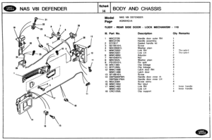 Page 590
NAS V81 DEFENDER BODY AND CHASSIS 
Model AS V8l DEFENDER 
Pag~ AGNXHG 1 A 
M3DY - REAR SIDE DOOR - LQCK MECHANISM - 110 
118. Part No. Description Qty Remarks 
1 MXC2728 
MXC2729 
2 STC617 
3 SE105101b 
4 WA105001 L 
5 MWC5002 
WIWC5001 
6 MWC4850 
7 NH104041L 
8 MRC5525 
9 PS103181L 
90 BRC1393 
11 BFP1265L 
12 MWC1488 
MWC1489 
13 SFlO616lL 
14 DBP5WQPMA 
DBP5841 PMA 
15 MUC3394 
16 MWC1950 
17 MWC1492 
MWCI 493 
18 
CRC1250L 
Handle  door  outer RH 
Handle  assembly 
Gasket  handle  kit 
Screw...