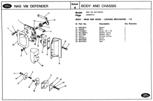 Page 594
BODY AND CHASSIS 
Mdel NAS V81 DEFENDER 
BODY - REAR END DOOR - LOCKING MECHANISM - 110 
Ill. Part No. Description Qty Remarks 
21 MRC9619 
22 305232 
23 
FS106207 Screw m6 x 20 
24 WL106001L Washer sprlng 
25 AFU1080 Washer pla~n 
26 332147 Dovetall female 
27 SA106161 
28 MRC9006 Shroud 
29 MXC9455   