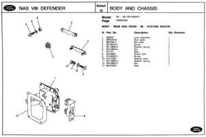 Page 595
NAS V81 DEFENDER BODY AND CHASSIS 
Model NP P V81 DEFENDER 
BODY - REAR END BOOR - 90 - STATION WAGON 
110. Part No. Description Qty Remarks 
1 395037 
2 FJ1RC9416 
3 MRC9417 
4 SE106161L 
5 WL106001L 
6 NH186041L 
7 347151 
8 ALR4652 
9 FS106207L 
10 AFU1259 Washer plain 
11 WL106001L Washer spring 
12 
NHt06041L 
13 MXG9455 
9   