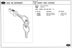 Page 596
Qty Remarks 
1 1 Barrel 2 keys 
1 2 Barrels 2 keys 
1 3 Barrels.2 kevrs 
1 F7 series 
BODY AND CHASSIS 
Model NAS V81 DEFENDER 1 I 
I 
I Page AGNXHKl A 
I I I 
I 
t BODY - BARREL LOCK ANQ KEYS - 110 I I I I I I Ill. Part Ms. Description I I I I I RTC3022 Barrel  lock and keys I a MTC6583 Barrel locks and keys I I MTC6504 Barrel locks and  keys I 1 1 CZK3438L Key blank I I I I I I I I I I I I I I I 
I I I I I I I I I I I I 
I 
I 
I 
1 I I I I I I I I I 
I 
I I I 
I 
I I I I I 
I 
I 
I 
I I I 
I 
I I I I...