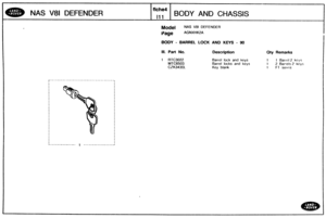 Page 597
Qty Remarks 
1 1 Barrcl 2 kcys 
1 2 Barrels 2 keys 
1 FT serlcs 
NAS V81 DEFENDER 
Madgal NAS V81 DEFENDER 
Page AGNXHK2A 
BODY - BARREL LOCK AND KEYS - 90 
Ill. Part Ma. Description 
1 RTC3022 Barrel lock and keys 
MTC6503 Barrel locks and keys 
CZK343CL Key blank   