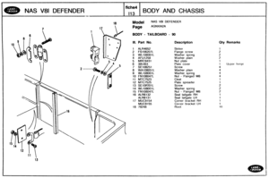 Page 599
Qty Remarks 
NAS V81 DEFENDER BODY AND CHASSIS 
Mudel NAS V81 DEFENDER 
BODY - TAILBOARD - 90 
Ill. Part No. Description 
1 ALR4652 Str~ker 
2 FS106207L Flange screw 
3 WL106801L Washer spring 
4 AFU1259 Washer  plain 
5 MRC9431 Nut plate 
6 395463 Plate  cover 
7 SE108251 Screw 
8 
WA108051L Washer  plain 
9 WL108001L Washer  spring 
10 FN108047L Nut - Flanged M8 
11 MTC7523 Cleat 
12 MTC7525 Plate spreader 
13 SElOe201L Screw 
14 WL108001L Washer  spring 
15 FN108047L Nut - Flanged M8 
16 ALR6132 Seal...