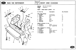 Page 601
NAS V81 DEFENDER BODY AND CHASSIS 
Model NAS V81 DEFENDER 
BODY - REAR BODY LOWER - 110 
Ill. Part No.  Description 
Rear 
body fittings 
1 MUC8949 Crossmem bet 
2 332582  Pad mounting 
3 
RU61?373L Rivet 
5 
AAU6774 Collar 
6 
78248 Rivet 
7 MRC8736 Nut  plate 
8 
RB610082 Rivet 
Body to chassis at rear 
9 SX108251 Screw 
10 
WF600051 L Wastier shakeproof 
11 
FN108047L Nut - Flanged M8 
Rear  heelboard  to chassis 
12 SH108401L Screw 
13  305232 
Shim 
14 WF600051 L Washer shakeproof 
15 
AFU1079...