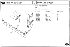 Page 607
NAS V81 DEFENDER BODY AND CHASSIS 
Model MAS V01 DEFENDER 
Page AGNXKE4A 
BODY - REAR BODY LOWER - 118 
Ill. Part No. Description Q)ay Remarks 
Toe panel gussel bracket 
2 SH106201 
4 WM600051 L 
5 NH106041L 
6 SHdOfil61 
7 iAIC10604lL Washer pla~n 
8 WM106801 
9 MRC8736   