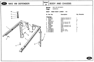 Page 608
NAS V81 DEFENDER BODY AND CHASSIS 
Model NAS V81 DEFENDER 
Page AGNXKE5A 
BODY - REAR BODY LOWER - 110 
Ill. Part No. Description Cbty Remarks 
1 ALR3154 
2 ALR3155 
3  78248 
RlJ6 1 23.731. 
4 MUC9154 Corner Bracket RH 
5 MUC9155 Corner Bracket LH 
6 78248 
7 
ALR3336 
8 ALR3337 
10 FS106207L 
11 WA106041L 
12 WL106001L 
13 NH106041L   