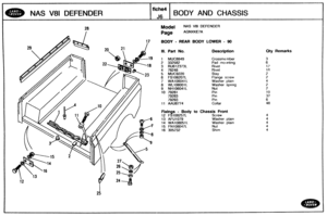 Page 610
BODY AND CHASSIS 
Model NAS V8D DEFENDER 
BODY - REAR BODY LOWER - 90 
lli. Bart No. Description 
Crossmem ber 
Pad mot jnting 
3 RU612373L Rivet 
5 MUC9228 
6 FS106207L Flange screw 
7 WA108041L Washer plain 
8 WL106001L Washer spring 
9 NH106041L Nut 
11 MU6774 
- Body to Chassis Front 
15 FN108047L 
Qty Remarks   