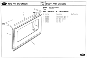 Page 619
Qty Remarks 
NAS V8l DEFENDER BODY AND CHASSIS 
hqodel NAS V81 DEFENDER 
BODY - REAR BODY - 98 - STATION WAGON 
Ill. Part No. Description 
Panel bodyside upper RH 
Panel bodyside upper Lki 
2 MXC3684 Seal upper  front RH 
Seal upper front LH 
3 MXC3676 Seal  upper RH 
MXC3577 Seal  upper LH 
4 ALR5056 Seal waist   