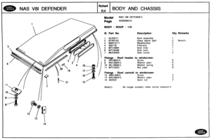 Page 626
NAS V81 DEFENDER BODY AND CHASSIS 
Model NAS V81 DEFENDE3 
BODY - ROOF - 110 
Ill. Part No. Description Qty Remarks 
1 ALR3217 
2 BTR5152 
3 MWC4771 
5 MTC4994 
6 MTC6568 Seal outer 
7 MUC6400 Seal corner 
Fixings - Roof header to windscreen 
8 SH106251L 
9 WA106041L 
10 WL106001L 
11 AATC-3203 
13 WA106041L Washor plain 
14 302532 
No!e(l ) No Iorsger availably. when stocks exhaustr.d   