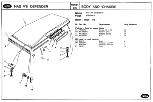 Page 627
Bty Remarks 
NAS V81 DEFENDER BODY AND CHASSIS 
Model NAS V81 DEFENDER 
BODY - ROOF - 110 
Ill. Part No. Description 
- Roof to upper body 
Screw m6 x 20 
Washer plain 
Washer sprtrlg 
18 NH108041L 
20 MUC9204 Retainer  seal RH 
Retainer  seal LH   