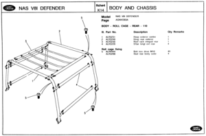 Page 636
4ty Remarks 
NAS V81 DEFENDER BODY AND CHASSIS 
5 Mode1 NAS V81 DEFENDER 
AGNXOB3A 
BODY - ROLL CAGE - REAR - 110 
Ill. Part No. Description 
1 ALR3231 Hoop exterior centre 
2 ALR3248 Hoop rear exterior 
3 ALR3230 Roof rack  integral  rear 
4 ALR3229 Sfbar longt ext rear 
Roll cage fixing 
5 ALR4444 Bolt torx drive MI0 
Seal rear body outer   