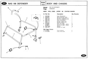 Page 640
NAS V81 DEFENDER BODY AND CHASSIS 
Model NAS V81 DEFENDER 
BODY - ROLL CAGE - UPPER - 90 - STATION WAGON 
r------- g -------, Ill. Bart No. Description Qty Remarks 
I I I I 1 ASR1099 Hoop Windscreen 
2 ALR5540 Rail windscreen  lower 
Ra~l Bar Longitudirlal L ti 
Rail  Bar Longitudinal Ht4 
4 ASR1108 Hoop interrned~ate 
5 ASRllf3 Bracket  capping  LH 
Bracket  capping 
RH 
6 ALR5548 Seal front  wing 
Screw  torx 
MI0 x 30mm 
Screw ~OIX MI0 x 25mm 
8 WA110065 Washer 
9 ASR1150 Bracket  roll cage 
Roll...