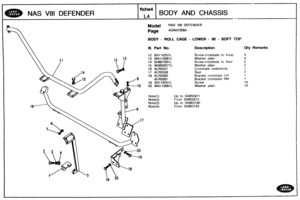 Page 644
Model NAS V81 DEFENDER 
Page AGNXOBBA 
BODY - ROLL CAGE - LOWER - 90 - SOFT TOP 
\ 
Ill. Part No. Description Qty Remarks 
Screw-crosstube to hoop 
Washer  plain 
Screw-crosstube 
to floor 
Washer  plain  Crosstube  underbody 
Seal Bracket  crosstube 
LH 
Bracket  crosstube RH 
Screw 
Washer 
plain 
Note(1) Up to SA955971 
Note(2) From SA955972 
Note(3) Up to SA963192 
Note(4) From SA963 1 93   