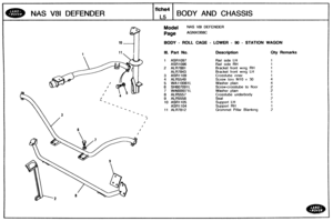 Page 645
NAS V8I DEFENDER BODY AND CHASSIS 
Model NAS V0l DEFENDER 
BODY - ROLL CAGE - LOWER - 90 - STRTIQN WAGON 
Ill. Part No. Description Qty Remarks 
Rail side LH 
Rail 
side RH 
2 ALR7881 Bracket  front wlng RH 
ALR7843 Bracket front wing LH 
3 ASR1109 Crosstube  inner 
4 ALR5549 Screw torx MI0 x 30 
5 WA110061L Washer  plain 
8 SH607091 L Screw-crosstube  to floor 
7 WA600071 L Washer  plain 
8 ALR5557 Crosstube  underbody 
9 ALR5558 % L Z 10 ASR1105 Support LH 
 .b ASR1104 Support RH %  .- 11 ALR7812...