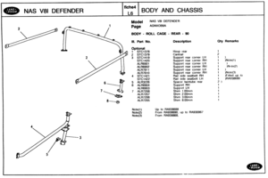 Page 646
BODY AND CHASSIS 
Model NAS V81 DEFENDER 
BODY - ROLL CAGE - REAR - 90 
Ill. Part No. Description QPy Remarks 
2 STC1379 
3 STC1419 Support rear corner LH 
Support rear  corner  RH 
Support  rear  corner  LH 
Support  rear  corner RH 
Support  rear  corner LH 
Support  rear corner 
RH 1 )Note(3) 
Rail side seatbelt RH 1 )F~tted up to 
1 )RA938689 
5 ALR3226 
7 ALR7208 
Shim 2.00mm 
Shim 3.0Cimm 
Shim 8.0Qmm 
Note(1) Up to RA938689 
Note(2) From RA93ES690. up to RA938867 
Note(3) From RA938868,   