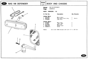 Page 651
NAS V81 DEFENDER BODY AND CHASSIS 
Model NAS V8l DEFENDER 
Page AGNXRA~ A 
BODY - MllRWORS - 118 
Ill. Part No. Description Qty Remarks 
Interior Mirror 
1 BTR1339 Mirror  interior 
2 MXC3341 Slug interior  mirror mntq 1 Motct(1) 
3 PRC8560 Lead mirror 
Exterior Mirror 
4 ALR4626 Mirror  head 
5 STC954 Mirror glass 
6 MTC5083 Mirror arm 
7 MRC1979 Washer  nylon 
8 SE604071 L 
Use Loctite 73643  Activator  with Loct~tc? 31 7 or 326 Glrrc   