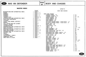 Page 659
MAS V81 DEFENDER BODY AND CHASSIS 
MASTER INDEX GROUP N 
PAGES BODY AND CHASSIS 
INTRODUCTION AND ALPHABETlCAL INDEX 4 ROW El 
1 ROW  C - F 
1 ROW @ - H  BODY AND  CHASSIS 
1 ROW I - J CHASSIS  FRAME - 1 10 
1 ROW K - L  CHASSIS FITTINGS - 1 10 
TRANSFER  BOX 1 ROW M - N  CHASSIS  FRAME - 90 4 C5 - C6 
lMTRODUCTDON AND ALPHABETICAL  INDEX 2 ROW B  FRONT  BUMPER - 1 I0 
AXLES 
AND SUSPENSION 2 ROW C - F FRONT  BUMPER - 90 
2 
ROW  G - H  REAR 
BUMPER - I 10 
REAR BUMPER - 90 VEHICLE  AND  ENGINE CONTROLS...