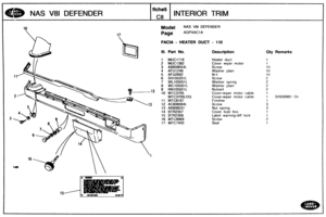 Page 670
NAS V81 DEFENDER INTERIOR TRIM 
Model NAS V81 DEFENDER 
FACIA - HEATER DUCT - 118 
Ill. Part No. Description Qty Remarks 
1 MUC1716 Heater duct 
2 MUC1382 
3 AB608054L 
4 AFU1248 
5 AFU2692 
6 SH105281L 
7 WL105001L Washer  spring 
8 WC105001h Washer  plain 
Cover-wiper  motor cable 
MTC3705L DQ Cover-wiper  motor cable 1 SA939981 On 
11 MTC6967 Finisher 
12 AC606064L 
13 AK606031 
14 BTR2307 
15 BTR2308 Label warntng-diff  lock 
16 MTC9968 
17 MTC7400   