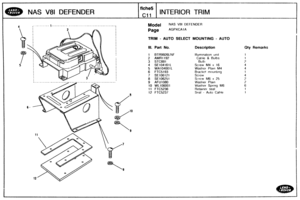 Page 673
I 1 Model NAs V8l DEFENDER 
NAS V81 DEFENDER 
Page AGPXCA~ A 
TRDM - AUTO SELECT 
fiche5 
C11 
Ill. Part No. 
INTERIOR TRIM 
BTW9926LNF 
AMR1192 
STC88 1 
SE104161 L 
WA 10400 1 L 
FTC5  193 
SE106121 
SE 10625 1 
AFU 1080 
WL106001 
FTC5236 
FTC5237 
MOUNTING - AUTO 
Description 
lllumlnatlon irn~t 
Cat~le & Bulbs 
Bulb 
Screw 
M4 x 16 
Washer Plan M4 
Bracket rnr,i~ntlng 
Screw 
Screw  M6 
x 25 
Washer Plaln 
Washer Sprlng M6 
Hetalner seal 
Seal 
- Auto Cahle 
Qty Wemasks   