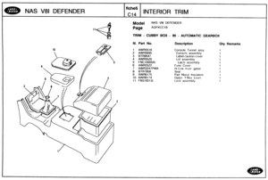 Page 676
NAS V81 DEFENDER INTERIOR TRIM 
Model NAS V81 DEFENDER 
TRlM - CUBBY BOX - 90 - AUTOMATIC GEARBOX 
ill. Part No. Description Qty Remarks 
1 AWR5518 Console  Tunnel assy 
2 AWR5695 Console  assembly 
3 BTR9547 1-abel-cautlon-rover 
4 AWR5520 Lid assembly 
5 FNC100050L Latch assembly 
6 AWR5522 Fuse Cover 
7 AWR3247PMA HI Low Icver gaiter 
8 BTR7958 
9 AWR6175 Pad Noice lnsulat~on 
10 AWH6174 Gaiter TBox Lever 
11 FN310013L Lock assembly   