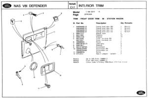 Page 679
NAS V81 DEFENDER INTI-RIOR TRIM 
3 V81 DEFF  R 
TRlM - FRONT DOOR TRIM - 90 - STATlON WAGON 
lei. Part NO. Description Qty Remarks 
1 AWR4648LCS Cas~ng front door RH 1 N~tf\( 1 ) 
AWR4648bOY Caslng front door  RH 1 Nc~tf:(T) 
AWR4649LCS Caslng front dogr LH 1 Ni~t((l) 
AWR4649LOY Caslng front door LH 
2 MWC3137 Spacer  foarn 
3 hilXC18QO Fastener 
4 MWC3136 
5 MUC3036 
MUC3037 Cover checkl~nk LH 
6 AB608064L 
7 MWC9918LCS 
8 MWC9917 
9 MXC4738PhilA 
10 DBP6532PMA Esc~ttchaon 8H 
DBP6533PMA Escutcheon...