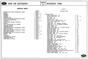 Page 681
NAS V81 DEFENDER INTERIOR TRIM 
MASER INDEX GROUP P 
INTERIOR TRIM 
INTRODUCTION  AND  ALPHABETICAL  INDEX 
TRANSFER  BOX  INTRODUCTION AND  ALPHABETICAL INDEX 
AXLES  AND 
SUSPENSlQN 
VEHICLE  AND ENGINE CONIROLS 
FUEL SYSTEM  AND AIR CLEANER 
EXHAUST  SYSTEM 
COOLlNGiHEATlNG 
INTRODUCTlON AND ALPHABETICAL  INDEX 
BODY ELECTRICAL 
PNTRODUCTION AND ALPHABETICAL INDEX 
BODY AND CHASSIS 
INTRODUCTION AND  ALPHABETICAL INDEX 
INTERIOR  TRlM 
ACCESSORIES 
- PAINTS 
NUMERICAL INDEX 
NEW  PARTS TO FICHE...