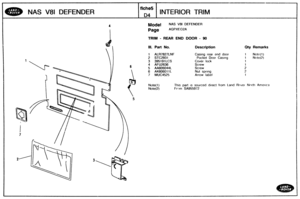 Page 684
Model NAS V81 DEFENDER 
Page AGPXEG2A 
NAS V81 DEFENDER 
I TRIM - REAR END DOOR - 90 
Ill. Part No. Description Qty Remarks 
f iche5 
134 
1 ALR7827LNF Casing  rear end door 1 Note(1) 
2 STC2931 Pocket  Door Casing 1 Mote(2) 
3 395191LCS Cover lock 1 
4 AFU2636 Screw 1 
5 AA606044L Screw 2 
6 AK606011L Nut spring 2 
7 MUC4525 Arrow label 1 
INTERIOR TRIM 
Note(1) This part IS sourced  direct from Land Rover Nnrth Amer~ca 
Note(2) Frnm SA955972   