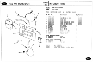 Page 685
Model NAS V81 DEFEIdDER 
Page AGPXEG3A 
NAS V81 DEFENDER 
TRIM - REAR END DOOR - 90 - STATION WAGON 
IN. Bart No. Description Qty Remarks 
I BTR9712LCS Casing rear end door 1 Note(1) 
BTR97 1 2LOY Casing  rear end door 1 Note(2) 
2 BTR9714LCS Cover lock 1 Noto(1) 
BTR9714LOY Cover  lock 1 Notn(2) 
3 IBTR9715L.CS C~ver grommet r;.ttg bracket 1 Notc(1) 
BTR9715LOY Cover grommet mtg bracket 1 Notc(2) 
4 BTR9723LCS Cover rear wiper  motor 1 Note(1) 
BTR9723LOY Cover  sear wiper  motor 1 Note(2) 
5 AFh11926L...