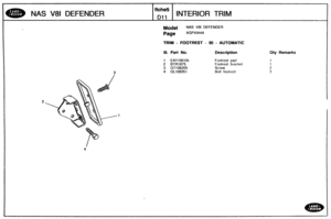 Page 691
NAS V81 DEFENDER INTERIOR TRIM 
Model NAS V81 DEFENDER 
Page AGPXIA4A 
TRlM - FOOTREST - 90 - AUTQMATIC 
Ill. Bart No. Description 
1 EAY10010L Footrest pad 
2 BTR1875 Footrest bracket 
3 GT106205 Screw 
4 GL108351 Bolt footrest 
Qty Remarks   