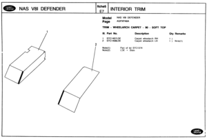 Page 705
NAS V81 DEFENDER INTERIOR TRIM 
Model NAS V81 DEFENDER 
Page AGPXPAGA 
TRIM - WHEELARCH CARPET - 90 - SOFT TOP 
Ill. Part No. Description Qty Remarks 
1 STC1407LDE Carpet wheelarch RH 
2 STC1408LDE Carpet wheelarch LH 1 ) Nnte(1) 
Part of kit STC1374 
L3E = Slate   