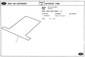 Page 707
Madel NAS V81 DEFENDER 
Page AGPXPC1 A 
NAS V81 DEFENDER 
r 
TRlM - REAR FLOOR CARPET - 316 
I 
Ill. Part No. Description 
fiche5 
~9 
1 BTR5345LDE 
Note(1) LDE 
INTERIOR TRIM 
Carpet rear loadspace 
= Slate 
Qty Remarks 
1   