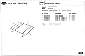 Page 709
NAS V81 DEFENDER INTERIOR TRIM 
M~del NAS V81 CEFENDER 
Page AGPXPC3A 
TRIM REAR FLOOR CARPET - 96 - STATION WAGON 
811. Part No. Descriptiion Qty Remarks 
1 AWR2703LDE Carpet  loadspace 1 Note(1) 
AWR2703LOY Carpet  loadspace 1 Note(2) 
2 AWR4652LDE Carpet rear  wheelarch RH 1 Nntc(1) 
AWR4652LOY Carpet rear  wheelarch RH 1 Note(2) 
3 AWR4653LDE Carpet rear  wheelarch LH 1 Notei1) 
AWR4653LOY Carpet rear  wheelarch LH 1 N~tc(2) 
Note(1) Up to VIN Prefix TA999171 
Note(2) From VIN Prefix VA999172...