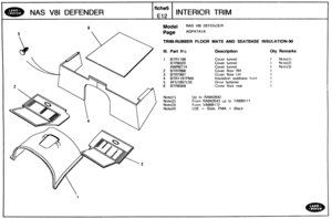 Page 710
NAS V81 DEFENDER INTERICR TRIM 
Model NAS V81 DEFEKDER 
TRIM-RUBBER FLQOR MATS AND SEATBASE INSULATION-90 
111. part h$o. Description Qty Remarks 
1 BTR1198 Cober tunnel 
Cover  tunnel 
Cover  tunnel 
2 BTR7898 Cover  floor RH 
3 BTR7897 C~ver floor LH 
4 BTR1197PMA Insulation seatbase front 
5 AFU1897LDE Drive fastener 
6 BTR8309 Cover  floor rear 
Up to RA942642 
Frorn RA942643 l;p to TA999171 
From VA999 1 72 
LDE = Slate, PMA = Black   