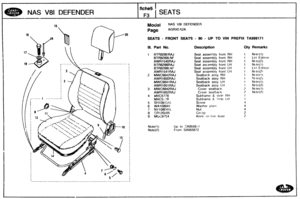 Page 714
NAS V81 DEFENDER 
AGRXEA2A 
SEATS - FRONT SEATS - 90 - UP 90 WIN PREFIX TA999171 
919. Part No. Description Qty Remarks 
1 RTS?32&!RAJ Seat asserrSly front RH I Nntr(1) 
BTR8289LNF Seat  assembly front RH 1 Ltd Edrtrnn 
AWR 1 540RA3 Seat assembly front RH 1 Notc(2) --------- ----..--------------- -1 t BTRW88RAJ Seat aszembly front  LH 1 Notc(1) 
BTR8288hNF Seat  assembly front LH 1 Ltci Edlt~on 
AWR1541 RAJ Seat assembly front  LH 1 N0tc(2 
2 MWC9842RAJ Seatbzck assy RH I Note(1) 
AWR 16OORAJ Seatback...