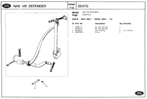 Page 729
NAS V81 DEFENDER 
Model NAS V81 DEFENDER 
SEATS - SEAT BELT - FRONT SEAT - 110 
Ill. Part No. Description 
1 BTR5777 Kit seat belt LH 
Kit seai belt RH 
2 AFU2875 Clip reta~n~ng 
3 AB610051L Screw 
1 I   