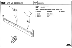 Page 737
NAS V81 DEFENDER 
Model NAS V81 DEFENDER 
SAFETY HARNESS ANCHORAGES - FRONT SEATS - 110 
3 119. Part No. Description Bty Remarks 
1 345100  Gusset sill RH 
Gusset  sill LH 
2 395249  Bracket  mounting 
3 MRC4731 Nut Plate 
4 RU612373L   