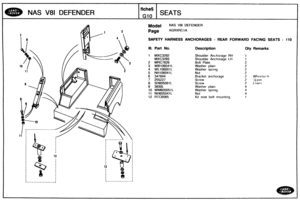 Page 739
NAS V81 DEFENDER 
SAFETY HARNESS  ANCHORAGES - REAR FORWARD FACING SEATS - 110 
Ill. Part No. Description Qty Remarks 
1 MXC3282 Shoulder  Anchorage RH 
MXC3283 Shoulder  Anchorage  LH 
2 MRC7626 Bolt Plate 
3 WB106041L Washer  plain 
4 WL106001L 
5 NH106041i 
6 347844 Bracket  anchorage 2 Whcelarch 
7 255227 Screw 2 Jktper 
8 SH605081 L Screw 2 Inw~r 
9 3830L Washer plain 
10 WM600051 L 
11 
NH605041L 
12 RTC6065 Kit  scat  belt mounting   