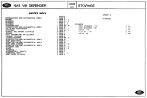 Page 740
was vsl DEFENDER 
iiehe5 
H1_~ 
STOWAGE 
MASTER INDEX 
INTRODUCTION AND ALPHABETICAL INDEX 
ENGINE 
GEARBOX 
GEARBOX 
GEARBOX 
TMNSFER BOX 
!NTRODUCTiON AND ALPHABETGAL INDEX 
AXLES AND  SUSPENSION 
STEERING 
VEHICLE 
AND ENGINE CCNTROLS 
BMKES 
FUEL %STEM AND AIR CLEANER 
EXHAUST  SYSTEM 
COOLING/HEATING 
INTRODUCTION  AND ALPHABETIZAL  INDEX 
BODY ELECTRfCAL 
INTRODUCTION  AND ALPHABETICAL  INDEX 
BODY AND CHASSIS 
INTRODUCTION 
AND ALPHABETIZAL  INDEX 
INTERiOR TRlM 
SEATS 
STOWAGE 
ACCESSORIES 
-...