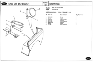 Page 741
Model NAS V81 DEFENDER 
Page AGSXM1 A 
NAS V81 DEFENDER 
f iche5 
H2 
MISCELLANEQUL - TOOL STOWAGE - 110 
STOWAGE 
Ill. Part No. Description 
MTCI 359 
78248 
AFU 1256 
MTC1357 
MVC 1356 
MWC9313 
78248 
371 144 
Strap 
R~vet 
Washer pla~n 
Bracket 
Ring  retaining 
Bracket 
Rivet 
Ring 
retaming 
Qty Remarks   