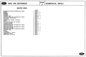 Page 749
MASTER INDEX 
INTRODUCTION AND  ALPHABETICAL  INDEX 
ENGtNE 
GEARBOX 
GEARBOX 
GEARBOX  TRANSFER 
BOX 
INTRODUCTION AND ALPHABETICAL  INDEX 
AXLES AND  SUSPENSION 
STEERING 
VEHICLE 
AND ENGINE CONTROLS 
BRAKES 
FUEL SYSTEM AND AIR  CLEANER 
EXHAUST  SYSTEM 
COOLINGMEATING 
lMTRODUCTlON AND ALPHABETICAL  INDEX 
BODY  ELECTRICAL 
INTRODUCTION 
AND ALPHABETICAL  INDEX 
BODY  AND CHASSIS 
INTRODUCTION  AND ALPHABETICAL  INDEX 
INTERIOR TRIM 
SEATS 
STOWAGE 
ACCESSORIES 
- PAINTS 
NUMERICAL INDEX 
NEW PARTS...