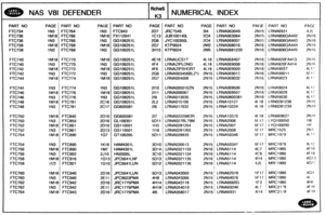 Page 769
NAS V81 DEFENDER NUMERICAL INDEX 
PAGE PAFIT NO PAGE PART NO  PAGE PART NO  PAGE PART NO 
IN3 FTC764 IN3 FTC943 207 JRC7549 314 LRNA063049 
1M18 FTC766 lM18 R(112041 1C13 JUB100140L 204 LRNAO63064 
1N3 FTC766 IN3 GG106251L 2G6 JYC100350L 204 LRNA068007 
lM18 FTC768 1M18 GG10625IL 267 KTP9024 2h42 LRNAO680 1 6 
IN3 FTC768 IN3 GG106251L 3H15 KTP9024 2M5 LRNA068 1239 
1M18 FTC770 1M18 GG106251L 4E18 LRNAUCS1 T 4L 18 LWNA068407 
IN3 FTC770 IN3 GG106251h 4F4 LRNAZIPLONG  4L 18 LRNAO69008 
1M18 FTC772 1M18...