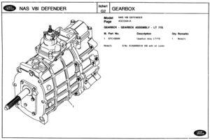 Page 80
NAS V81 DEFENDER 
fiche1 
G2 
GEARBOX 
NAS V81 DEFENDER 
Page AGCDAA1 A 
GEARBOX - GEARBOX ASSEMBLY - LT 77s 
Ill. Part No. 
1 STC1005N 
Description 
Gearbox assy LTTTS 
Note(1) S.No. 61A000001A V81 with oil cooler 
Qty Remarks 
1 Note(1)   