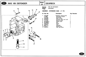 Page 85
NAS V81 DEFENDER 
GEARBOX - EXTENSION CASE - LT 77s 
Ill. Part No. Description Qty Remarks 
2 FRC4449 
3 RTC6730 
4 RC1403 
5 WA106041L Washer plain 
6 BH106CM3IL 
7 UKC2738L 
8 FRC6244 
9 90571 104 
10 FRC4810 
11 FRC8104 Pipe inlet pump   