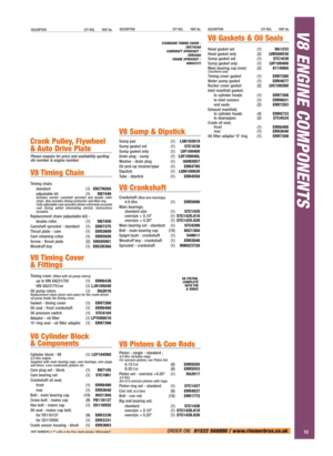 Page 17V8 ENGINE COMPONENTSDESCRIPTION QTY REQ. PART No.DESCRIPTION QTY REQ. PART No.DESCRIPTION QTY REQ. PART No.
16
Crank Pulley, Flywheel
& Auto Drive Plate
Please enquire for price and availability quoting 
vIn number & engine number.
V8 Timing Chain
Timing chain;
standard (1)ERC7929A
adjustable kit (1)RB7449
Includes vernier camshaft sprocket and double roller 
chain. Also includes timing protractor and Allen key. 
Fully adjustable cam sprocket allows extremely accurate 
cam timing whilst eliminating...