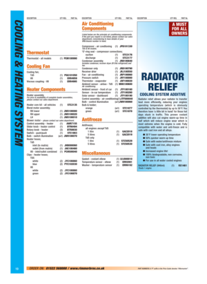 Page 20COOLING & HEATING SYSTEMDESCRIPTION QTY REQ. PART No.DESCRIPTION QTY REQ. PART No.DESCRIPTION QTY REQ. PART No.
Thermostat
Thermostat - all models (1)PEM100990
Cooling Fan
Cooling fan;
Td5 (1)PGG101050
V8 (1)ERR4959
Viscous coupling - V8 (1)ERR4995
Heater Components
Heater assemblyFor price & availability of complete heater assemblies,
please contact our sales department.
Heater core kit - all vehicles (1)STC3135
Blend motor assembly;
RH lower (1)JWO100000
RH upper (1)JWO100020
LH (1)JWO100010
Blower...