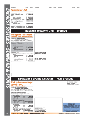 Page 22Full System - inc Catalyst
Standard - Mild & Stainless Steel
See also:Part Systems less Catalyst 
and Individual System Components.
In the Price Guide, the RD part number for a system will 
have an MS suffix (for mild steel) or SS (for stainless steel).
Full system - Td5 diesel;Includes downpipe/catalyst (if fitted), centre silencer & tailpipe.non-cat
mild or stainless steel (1)RD1194
fitting kit (1)RD1194FK
with cat
mild or stainless steel (1)RD1195
fitting kit (1)RD1194FK
Full system - V8;
Includes...