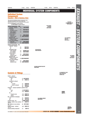 Page 23DESCRIPTION QTY REQ. PART No.DESCRIPTION QTY REQ. PART No.DESCRIPTION QTY REQ. PART No.
Individual System
Components
Standard - Mild & Stainless Steel
This section lists individual exhaust components in both
mild steel and stainless steel. Use it to select the
appropriate parts if you are not replacing the whole system.
See also:Full Systems including Catalysts 
and Part Systems excluding Catalysts
System Components - Td5;
manifold - exhaust (1)LKC102020
downpipe
non-cat (1)WCD106210
Up to VIN...