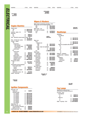 Page 36DESCRIPTION QTY REQ. PART No.ELECTRICALDESCRIPTION QTY REQ. PART No.DESCRIPTION QTY REQ. PART No.
Engine Electrics
Starter motor;
Td5 (1)NAD101240
V8 (1)NAD101490
Solenoid - starter - V8 (1)STC4462
Alternator;
V8 (1)ERR6413
Td5 (1)ERR6999
Pipe - alternator vacuum pump oil feed - Td5
(1)YKL100120
Pipe - oil drain (vac’ pump) (1)SQC500010
Sensors - engine;
Td5
temperature
inlet manifold (1)MHK100640
fuel connector block (1)ERR2081
coolant elbow (1)ERR2081
crank sensor (1)NSC100790
V8
crank sensor
manual...
